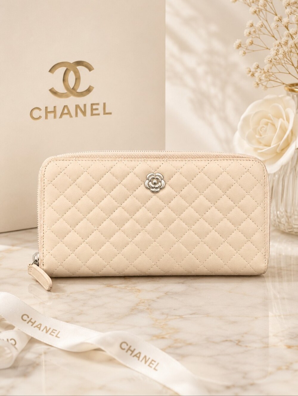 Authentic CHANEL Camellia Quilted Matelasse Lambskin Zip AroundLong ClutchWallet
